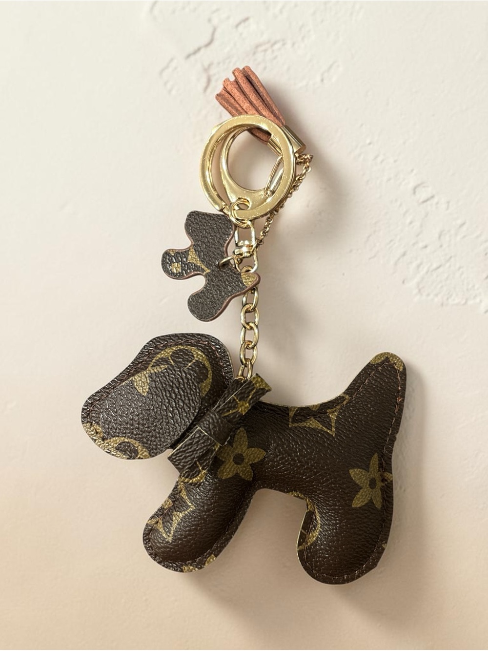 Brown Monogram Style Dog Bag Charm Keychain Tassel Gold Tone